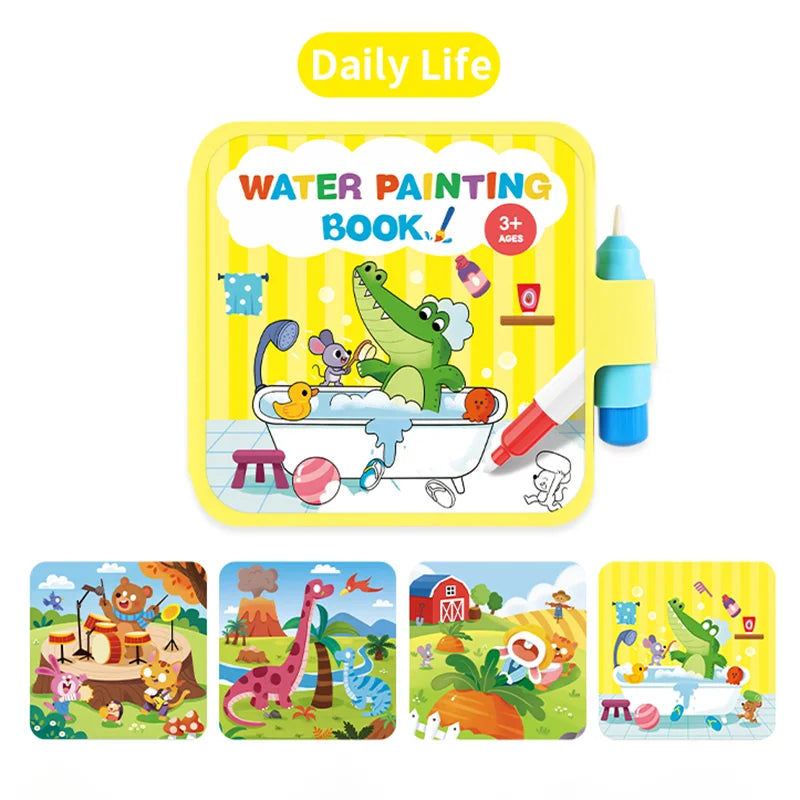 A yellow water painting book for kids featuring illustrations of dinosaurs and other animals.