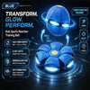 A blue transformable ball toy with glowing lights is shown in a dynamic sports training context.
