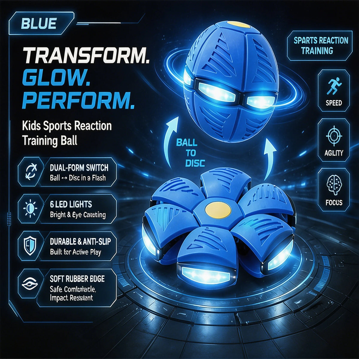 A blue transformable ball toy with glowing lights is shown in a dynamic sports training context.