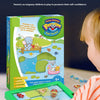 A child plays with a green and yellow animal slide puzzle game featuring various animals.
