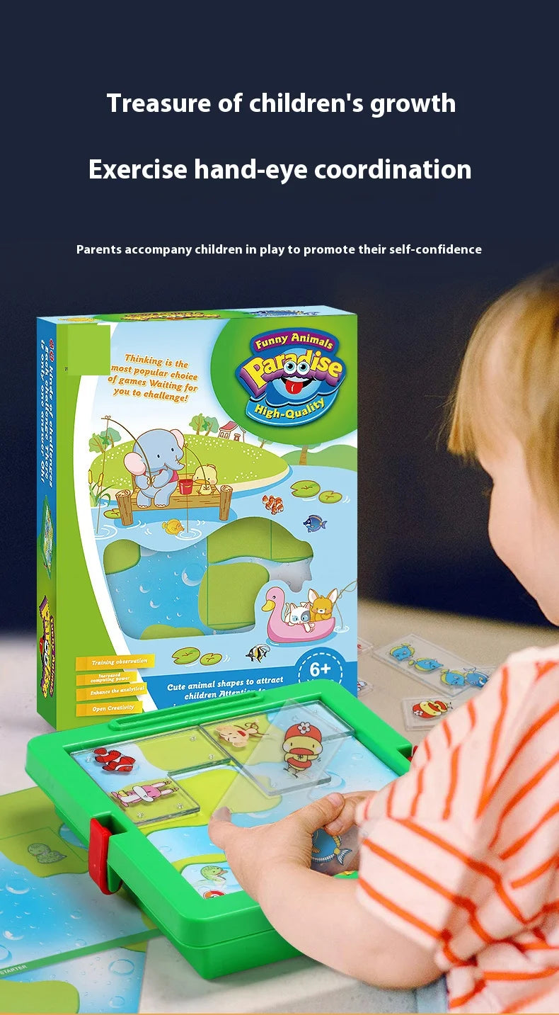A child plays with a green and yellow animal slide puzzle game featuring various animals.
