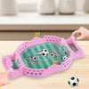 A pink tabletop foosball game with a green field and soccer ball is being played on a wooden table.