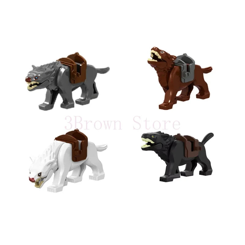 A set of six building blocks depicting African wildlife animals including a lion, a crocodile, and a white animal.