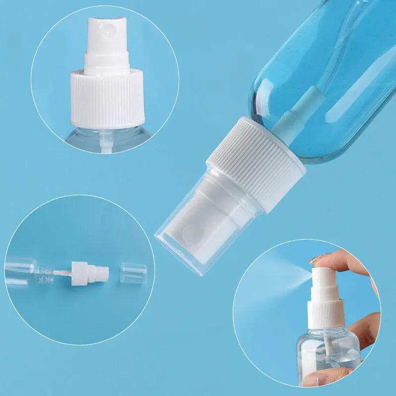 Three refillable travel spray bottles with fine mist pumps shown in various angles.