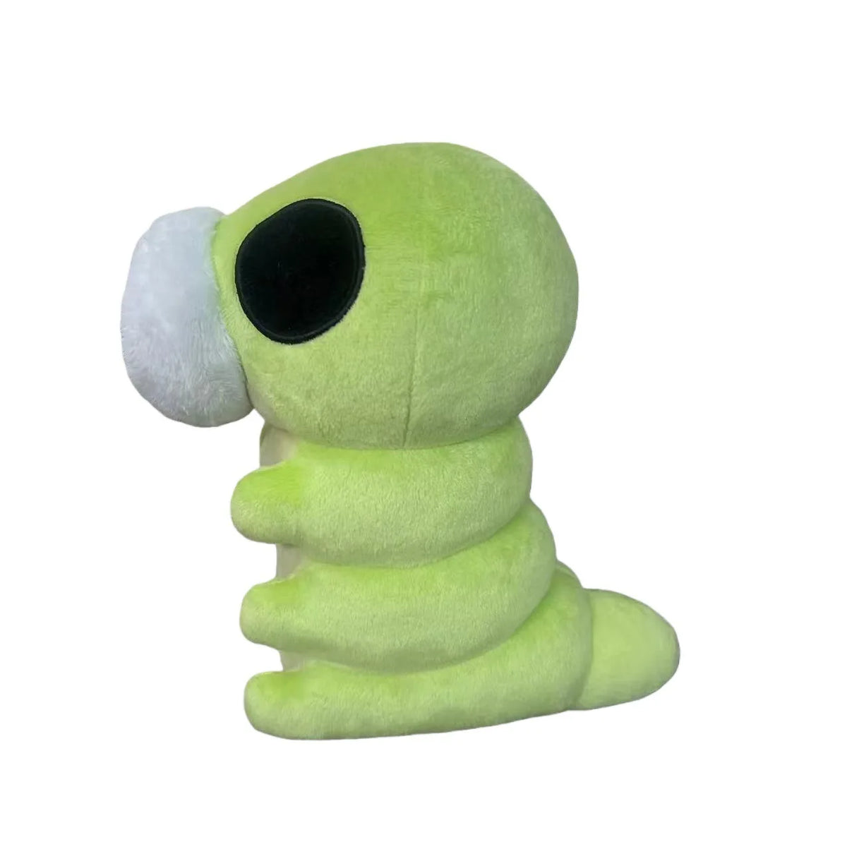 A soft, lime green plush doll resembling a segmented creature with a large black eye and a white ear.