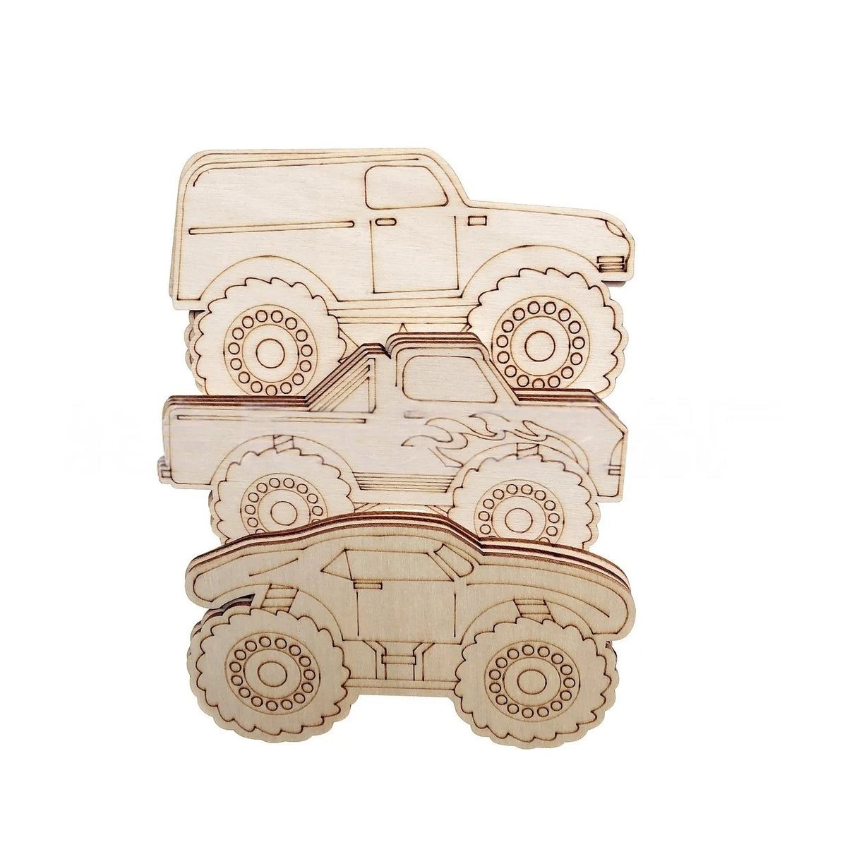 A set of twelve unfinished wood monster truck cutouts for DIY crafts, featuring various vehicle shapes and wheels.
