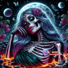 A detailed diamond painting featuring a ghostly skull with purple flowers against a dark, cosmic background.