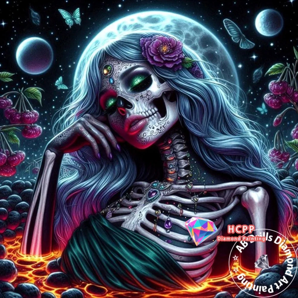 A detailed diamond painting featuring a ghostly skull with purple flowers against a dark, cosmic background.