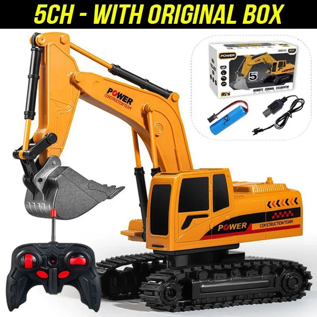 A yellow 1:24 scale remote control excavator with its original box and accessories.