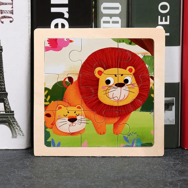 A wooden jigsaw puzzle featuring a lion and a pink bird on a green background.