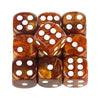 A set of ten marble effect acrylic six-sided dice showing various shades of amber and brown.
