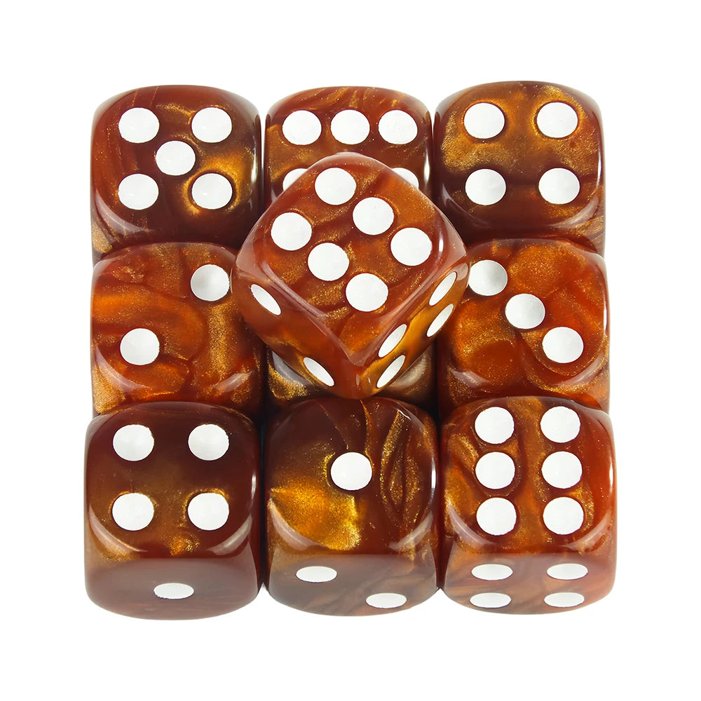 A set of ten marble effect acrylic six-sided dice showing various shades of amber and brown.