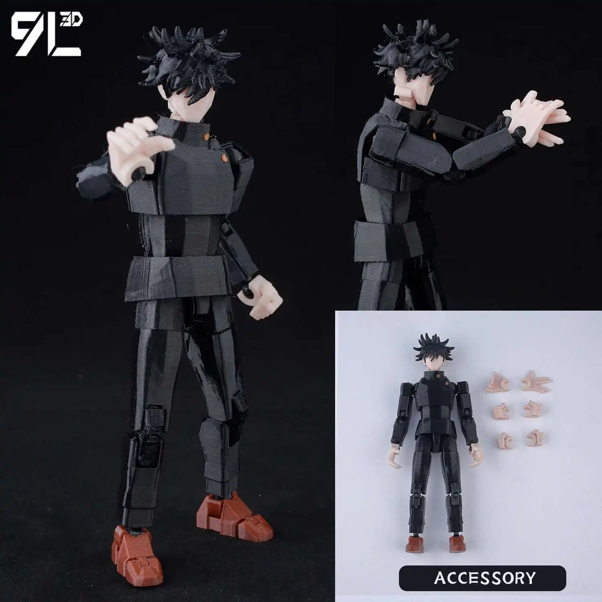 A fully articulated 14cm action figure of Jujutsu Kaisen Yuji Itadori in a dark outfit, shown in multiple angles.