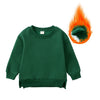 A dark green kids pullover hoodie with a flame graphic on the sleeve.