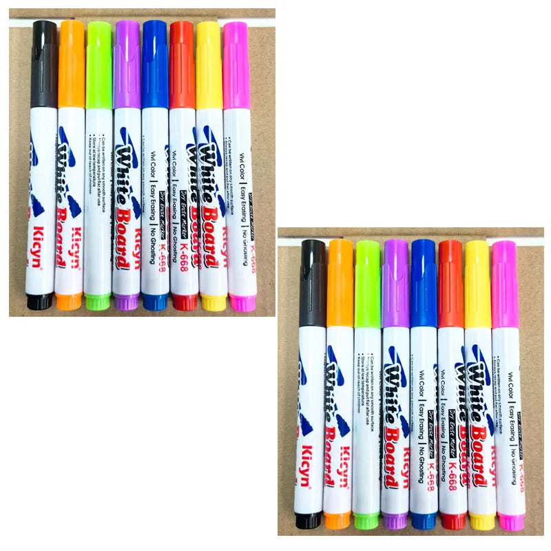 A set of magical water painting pens featuring various colors including black, green, yellow, purple, and blue, packaged in t