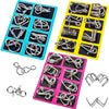 A set of metal wire puzzles and brain teasers in various colors and shapes.