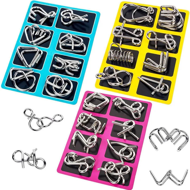 A set of metal wire puzzles and brain teasers in various colors and shapes.