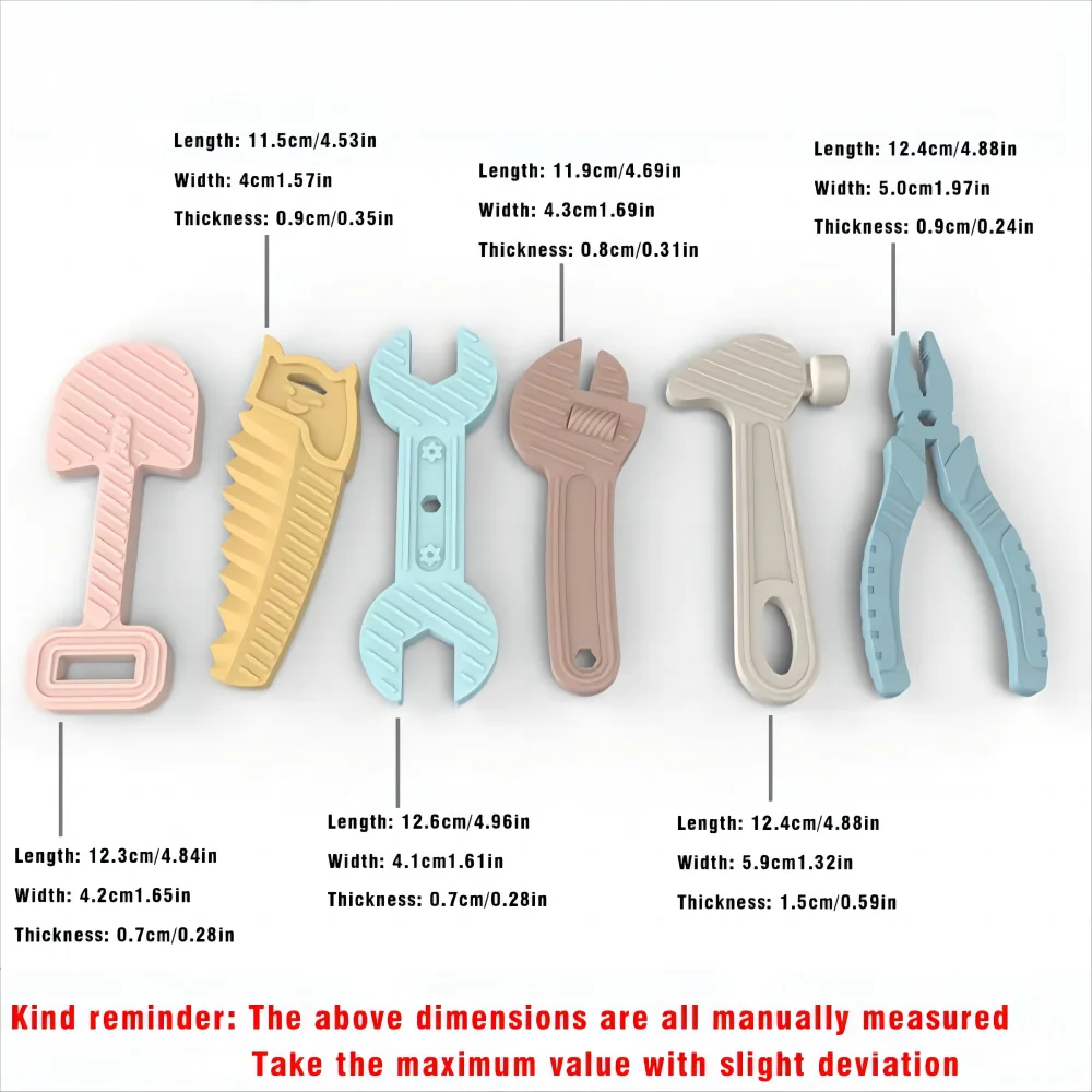 A set of silicone baby teethers shaped like various tools, including a spatula, wrench, hammer, and pliers.