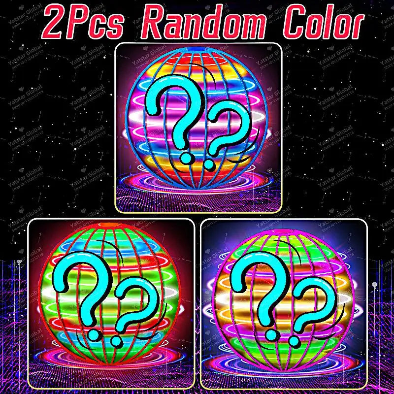 Two glowing boomerang spheres with random colorful LED lights and question marks on a dark background