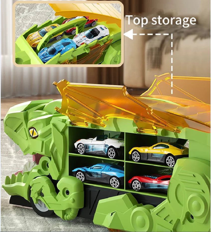 A green T-Rex dinosaur toy with storage compartments and an orange top section showing sliding cars.
