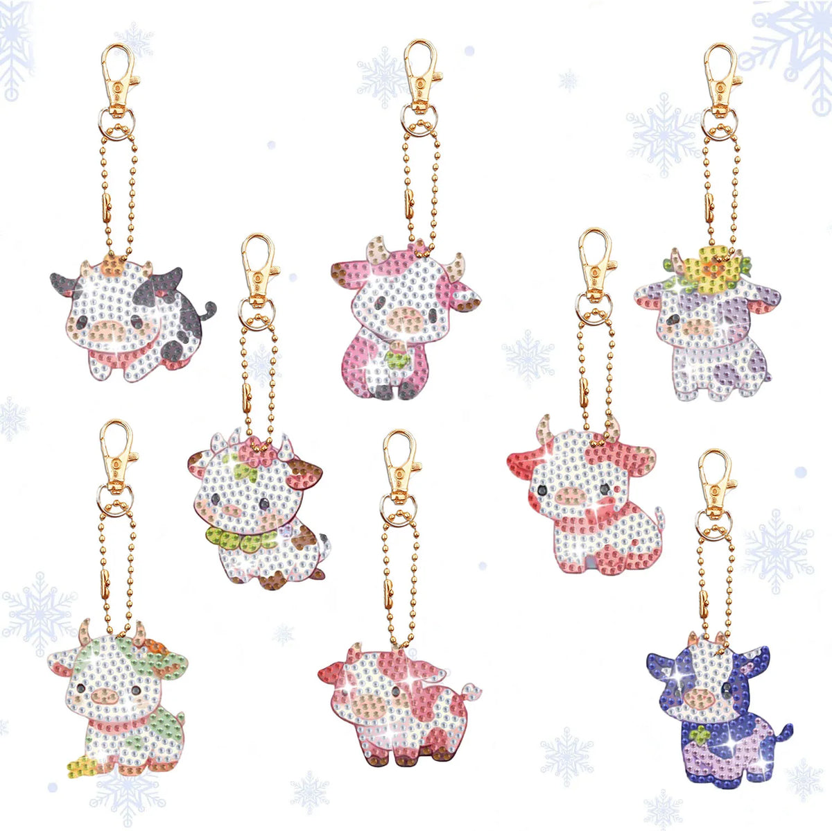 A set of eight DIY animal diamond art keychains featuring various cute animals like pigs, cats, and rabbits.