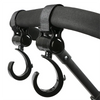 A close-up view of a black stroller hook with a rotating mechanism, designed for diaper bags and shopping.