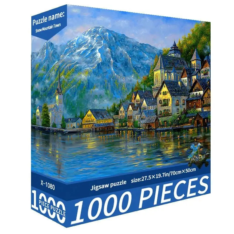 A jigsaw puzzle depicting a snowy mountain town with historic buildings and a large peak.