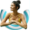 A woman wearing a yellow bikini is relaxing on a blue and white striped inflatable U-shaped pool float.
