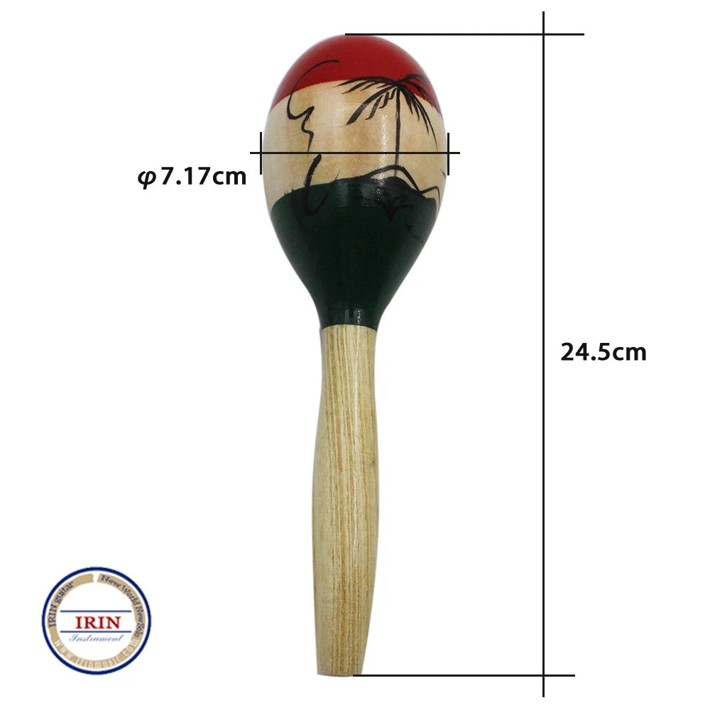 A hand-painted wooden maraca with a red top and black body, shown next to its dimensions.
