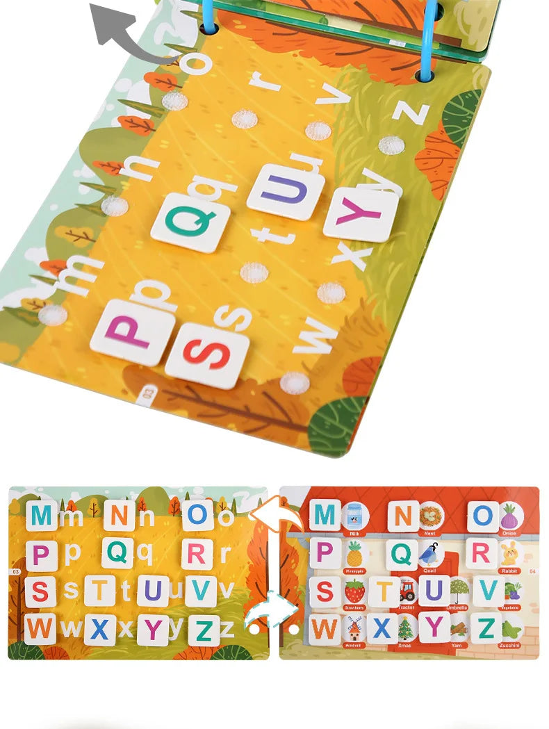 A colorful Montessori quiet book featuring letters and reusable stickers for toddlers.