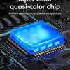 A blue super color quasi-color chip mounted on a black printed circuit board.