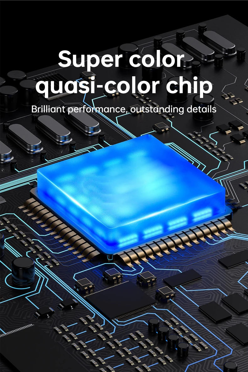 A blue super color quasi-color chip mounted on a black printed circuit board.