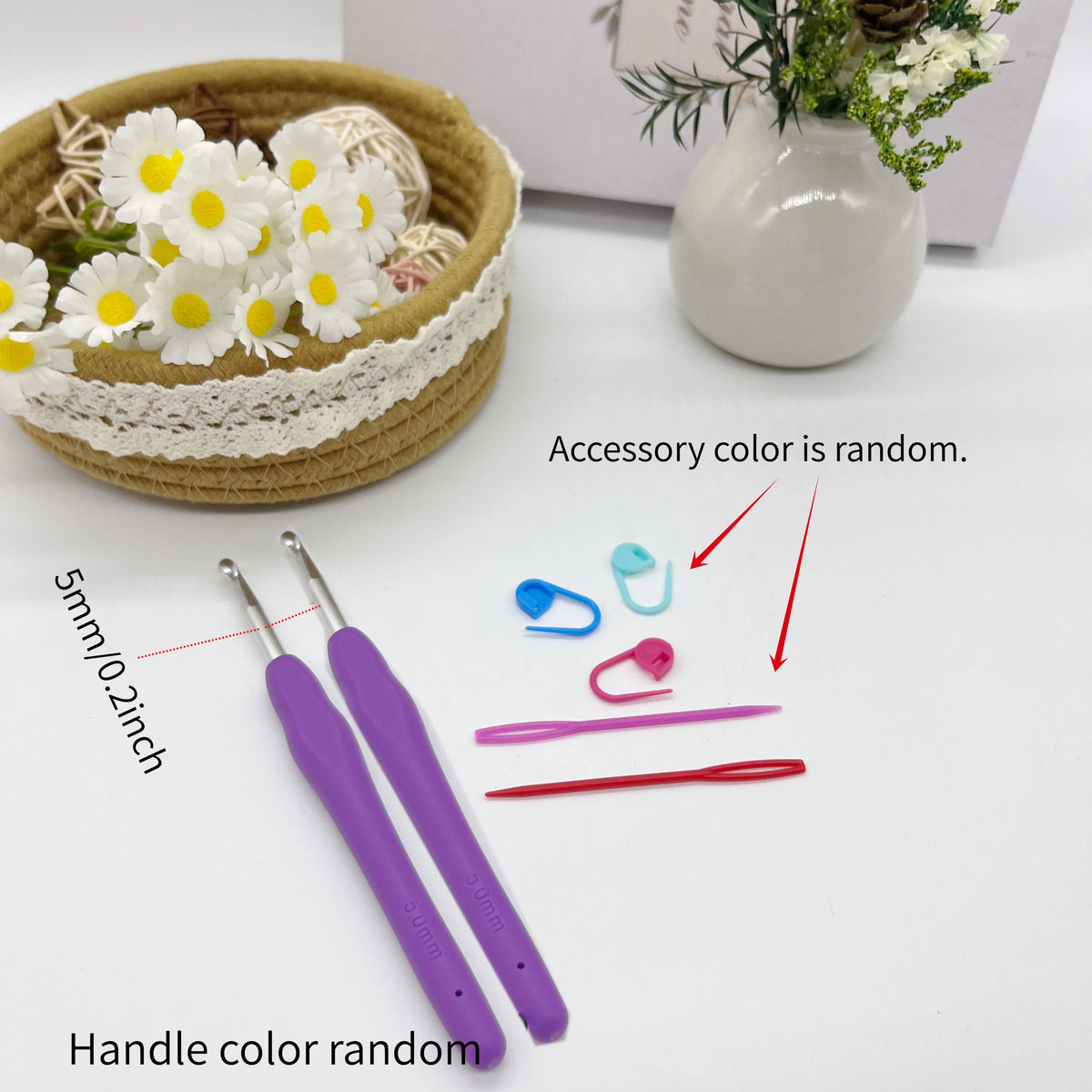 A set of crochet hooks, stitch markers, and needles with random colors displayed next to a woven basket.