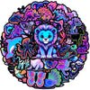 A vibrant circular sticker pack featuring various stylized and fierce animals in bright purple, blue, and pink hues.