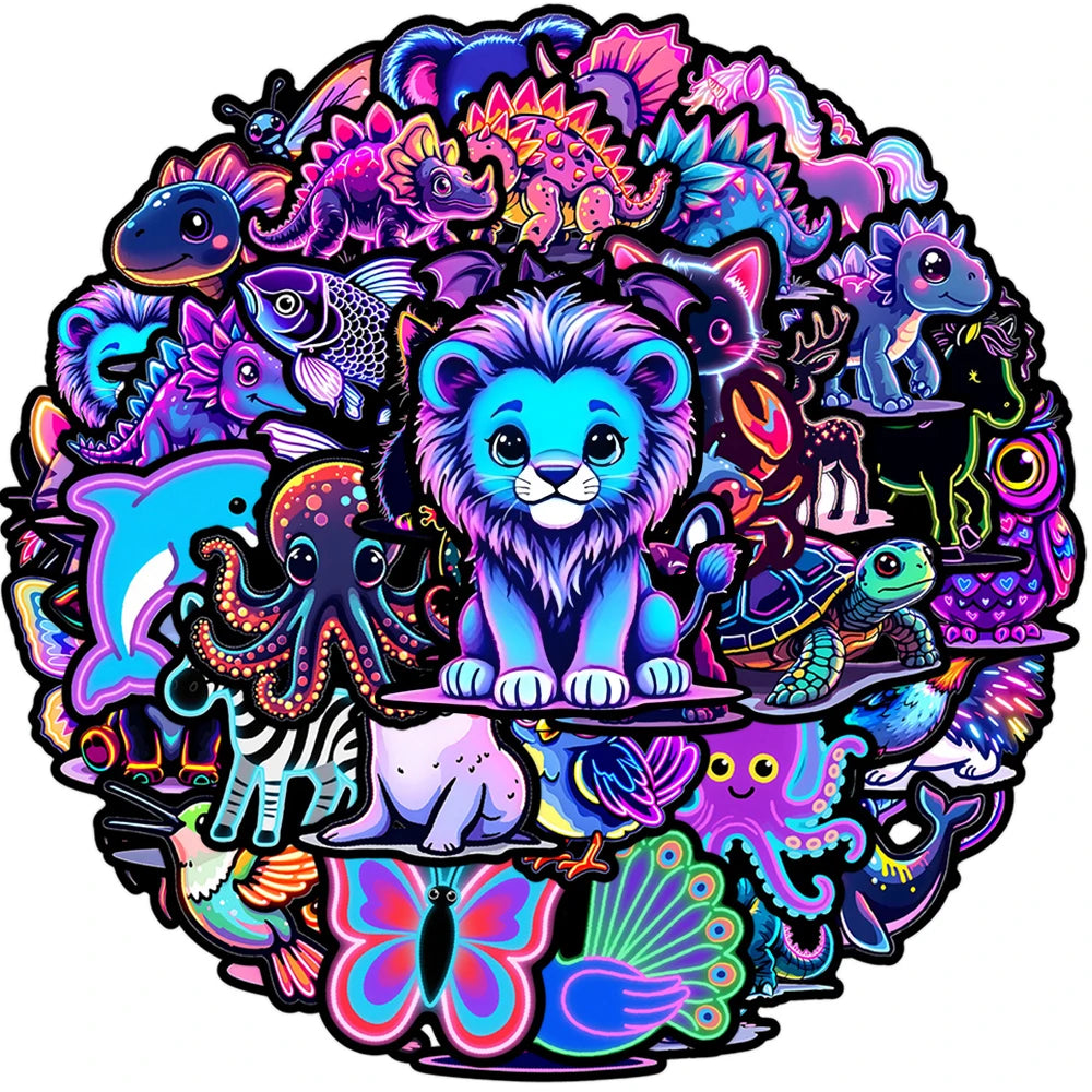A vibrant circular sticker pack featuring various stylized and fierce animals in bright purple, blue, and pink hues.