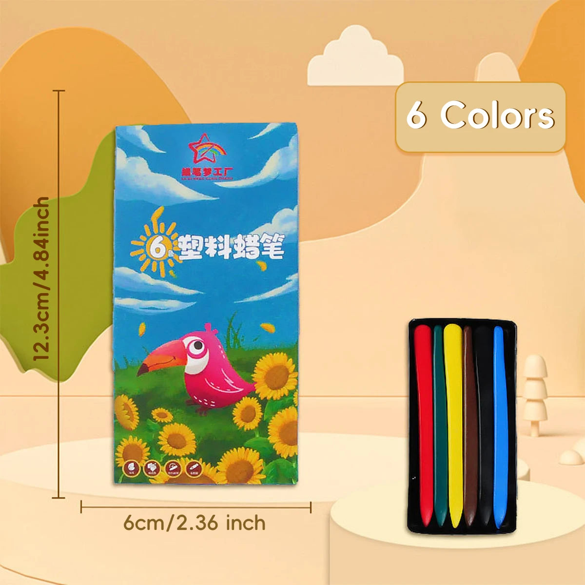 A box of six colored washable non-toxic crayons with ergonomic triangular grips displayed next to the product.
