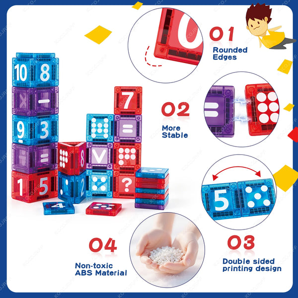 A set of colorful mini magnetic building blocks made of ABS material demonstrating rounded edges, stability, and double-sided