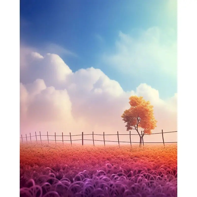 A vibrant landscape painting featuring an orange tree against a soft pink and purple field under a bright blue sky.