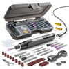 A set of cordless rotary tools, including a main tool, various bits, and sanding discs.