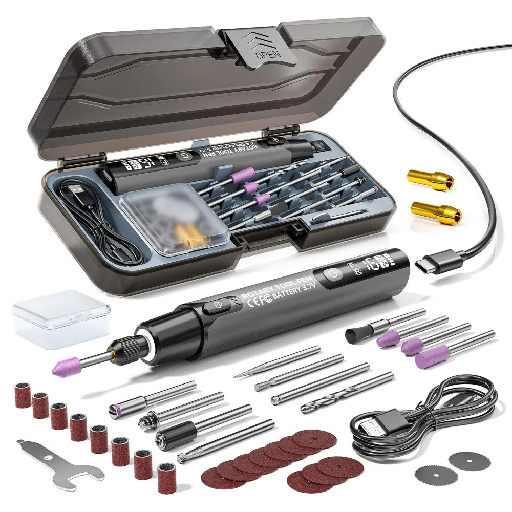 A set of cordless rotary tools, including a main tool, various bits, and sanding discs.