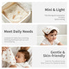 A set of soft cotton muslin baby washcloths shown in various uses including storage, face washing, and for babies.