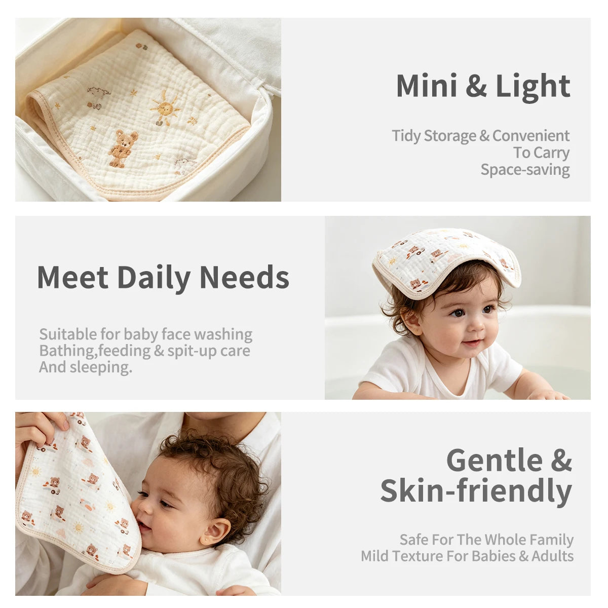 A set of soft cotton muslin baby washcloths shown in various uses including storage, face washing, and for babies.