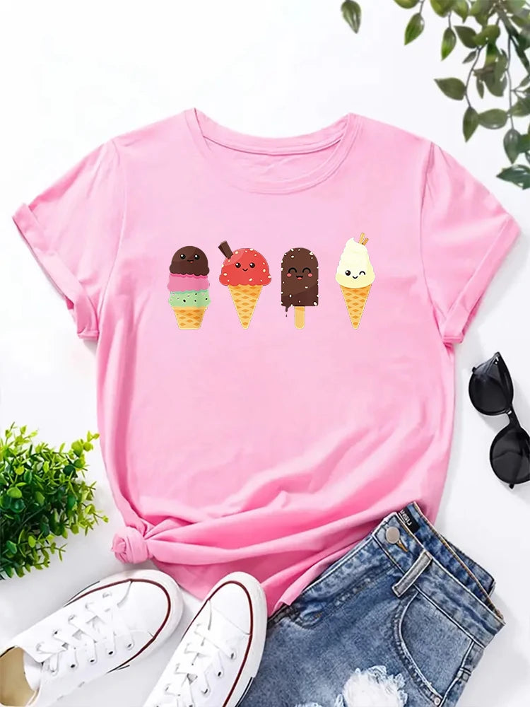 Pink women's t-shirt featuring a graphic print of four ice cream cones.