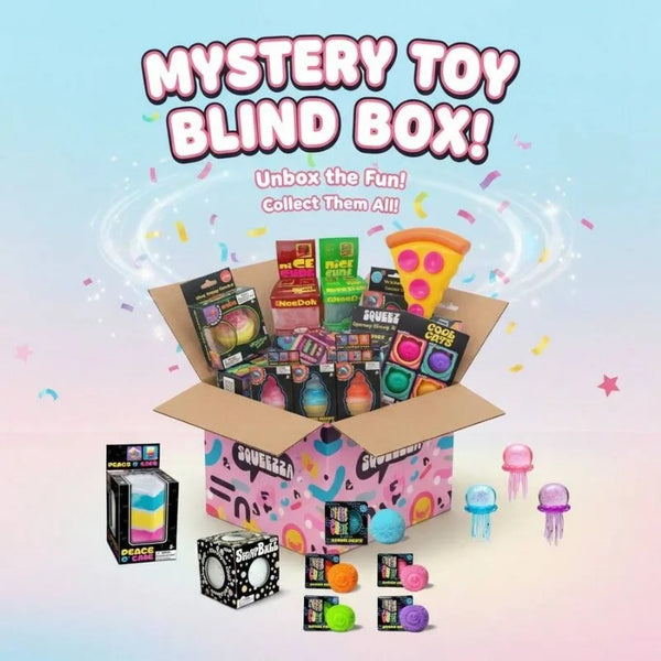 A box of mystery squishy fidget toys blind box set with various colorful squishy items and packaging.