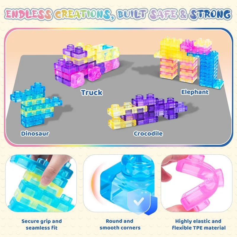 A set of colorful, safe and strong building blocks shaped like a truck, elephant, dinosaur, crocodile, and other animals made