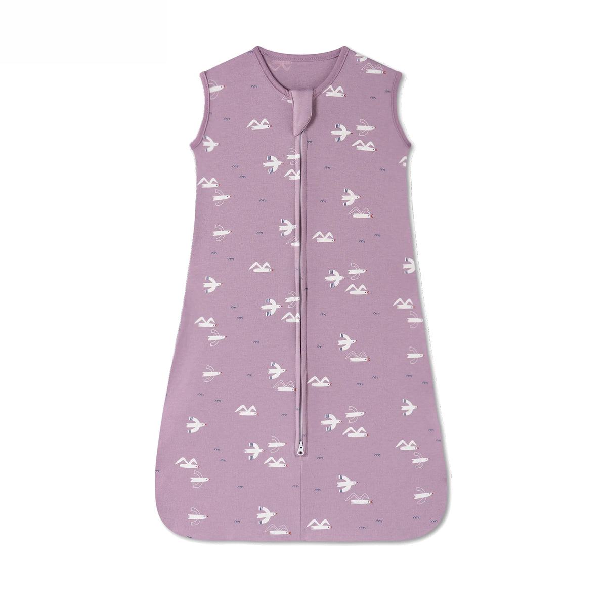 A sleeveless cotton baby sleeping bag sack in lilac purple with a pattern of white and light blue birds.