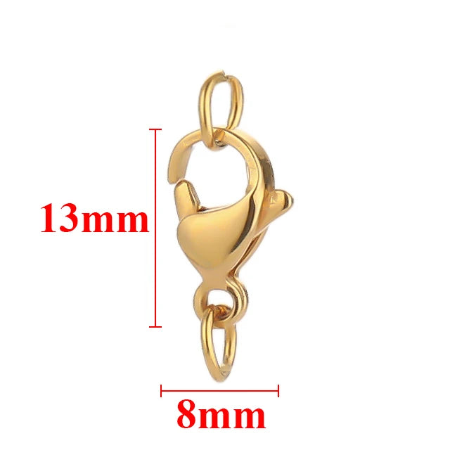 Gold-colored stainless steel lobster clasps and jewelry connectors set with dimensions 13mm and 8mm