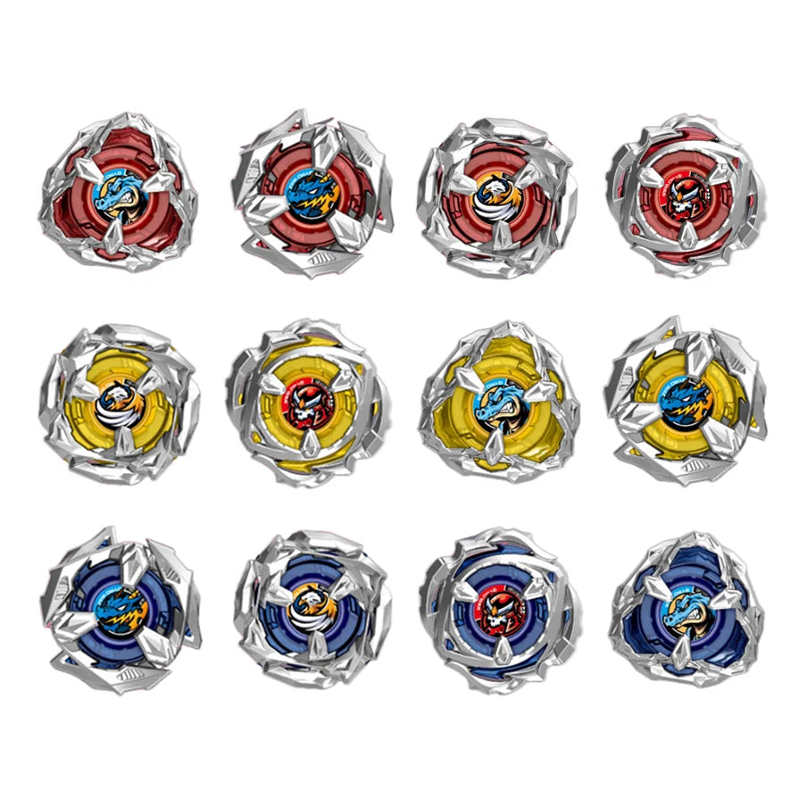 Un set de douze toupies en rotation avec des designs en métal et plastique dans diverses couleurs, y compris rouge, bleu, jau