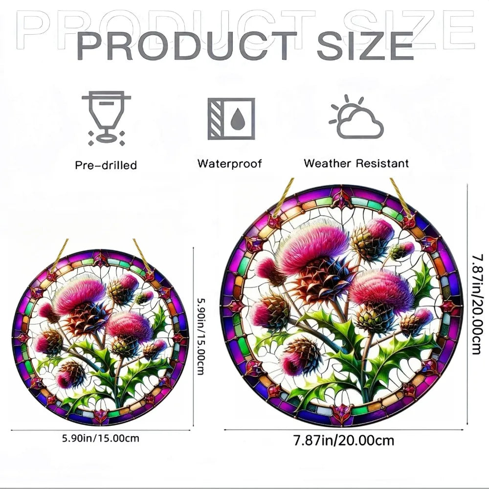 Round acrylic window hanging featuring a detailed Scottish thistle design with vibrant pink and purple colors.