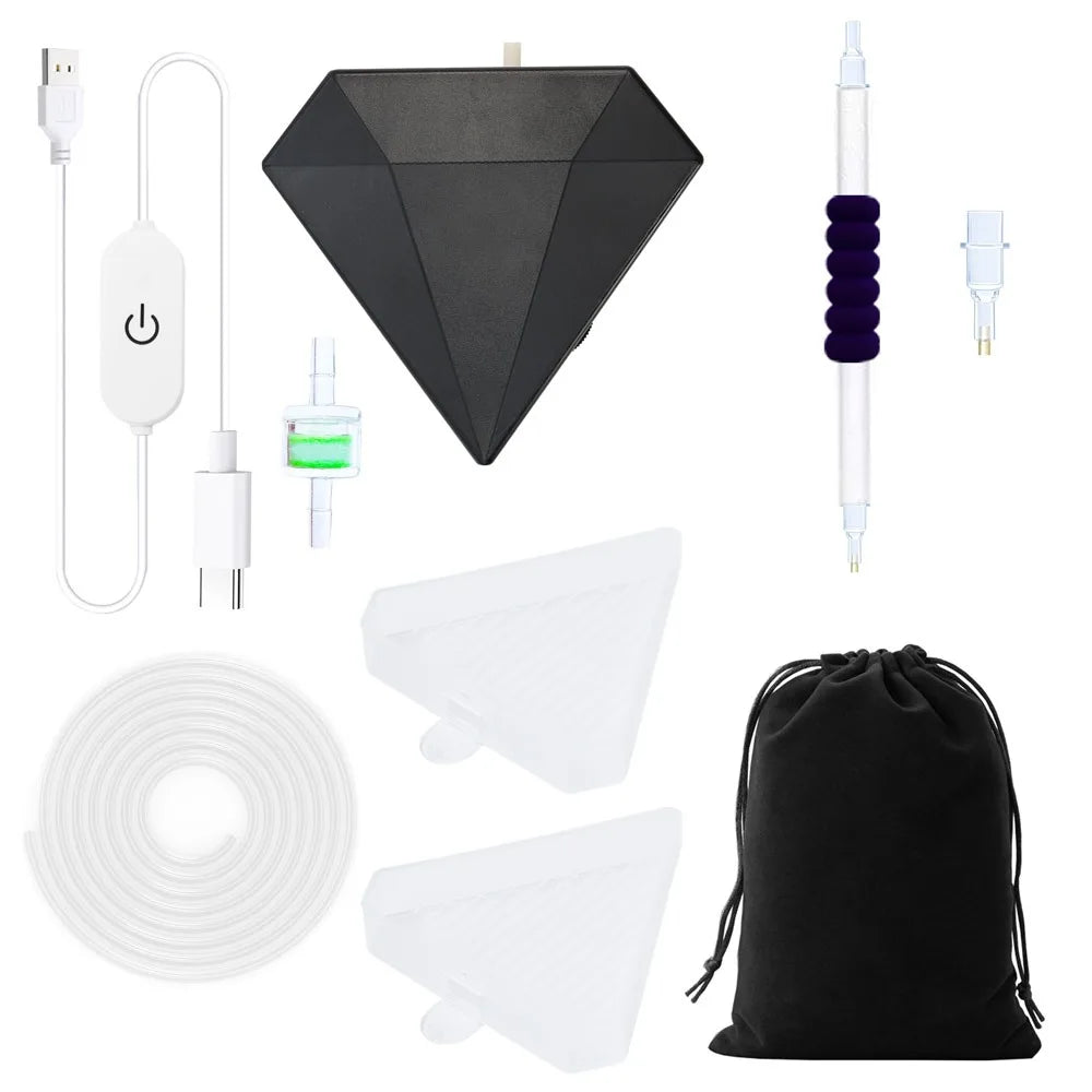 A kit for electric diamond painting featuring a suction tool, various tools, and a black storage pouch.